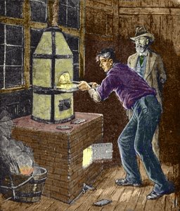 Thomas Edison eksperimenterer rundt 1879 med karbonpapir til glødelampen. av Unknown artist