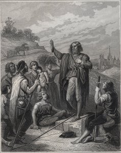 Thomas Muntzer forkynnelse - Thomas Muntzer (Munzer) (1489-1525) underviste i sin lære - Gravering i "Les Fastes Populaires, eller historien om folkets heroiske handlinger og deres innflytelse på vitenskapene, kunsten, industrien og jordbruket" av Alphonse av Unknown artist