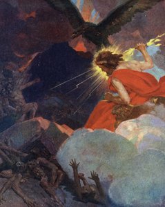 Titanomachia: representasjon av Zevs som seierherre over titanene (Titanomachia eller Titanomachy: Zevs og olymperne seirende over titanene) Gravering fra «Mine vakre mytologiske fortellinger» av HS Bres, privat samling fra begynnelsen av 1900-tallet av Unknown Artist
