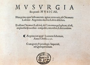 Tittelside til Musurgias praktiske håndbok for musikk (1536) av Unknown artist