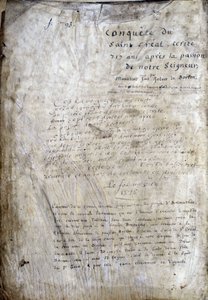 Tittelside til et manuskript: Erobringen av Saint Gréal, skrevet 717 år etter lidenskapen til vår herre. Bibliotheque Municipale de Rennes, ms. 255 (Samling av romaner om det runde bord); Paris av Unknown artist