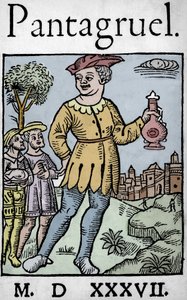 Tittelside til 1537-utgaven av Pantagruel, av Francois Rabelais - Den gigantiske Pantagruel og to av apostlene hans, fra 'The Disciple de Pantagruel' av Unknown artist
