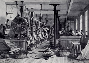 Tobakksfabrikk, vaskerom og tobakksrapage. Gravering rundt 1867. Paris, Musee Carnavalet av Unknown artist
