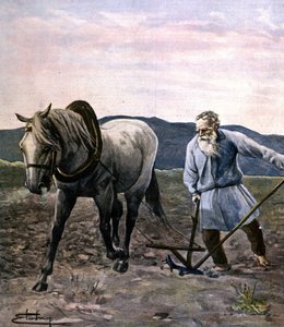 Tolstoj pløyer. Gravering sent på 1800-tallet. av Unknown artist