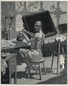Tong oljemangel i Kina. Gravering fra 1885 i "" Les arts et metiers illustres"" av Adolphe BITARD. av Unknown artist