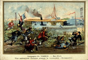 Tonkin-kampanje: i Bac-Ninh angriper et kinesisk bakhold pistolbåten "" Carabiner"" - chromo., sent på 1800-tallet av Unknown artist