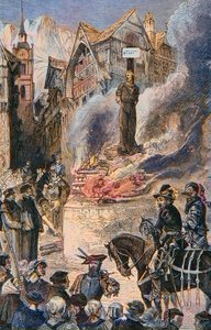 Tortur av Michel Servet i Genève (Michael Servetus) (Michel de Villeneuve) Spansk lege og teolog (1511-1553) - Le torice de Michel Servet (Miguel Serveto) (1511-1553) en Genève, spansk lege og teolog Gravering av Unknown artist
