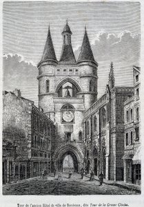Tårnet til det tidligere Hôtel de Ville de Bordeaux, kjent som "Tour de la Grosse Bell" - gravering av Unknown artist