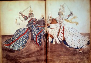 Turnering: Spill av den kallende herren og tiltalte herren (hertugen av Bretagne og hertugen av Bourbon-ansiktet). Manuskript "" Book of tournaments"" (Folio 32v - folio33) av Rene d