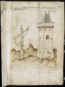 Tårnmålemaskin - Manuskript: pergamentark av en ingeniørhåndbok for bygging av sivile, religiøse og militære bygninger, anonym, sent på 1400-tallet (figur med kinesisk blekk) av Unknown artist