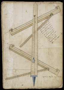 Tårnmålemaskin - Manuskript: pergamentark av en ingeniørhåndbok for bygging av sivile, religiøse og militære bygninger, anonym, sent på 1400-tallet (figur med kinesisk blekk) av Unknown artist