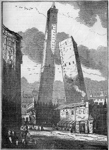 Towers of Bologna - Asinelli-tårnet og det mindre Garisenda-tårnet - gravering fra 1800-tallet av Unknown artist