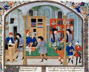 Handelsscene: kjøpmenn i en butikk presenterer servise og sølvtøy til kundene sine. Miniatyr hentet fra en utgave av "Ethical, Political and Economic"" av den greske filosofen Aristoteles (384-322 f.Kr.) av Unknown artist