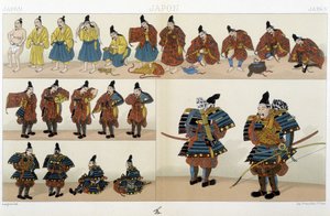 Tradisjonelle japanske samuraiklær - i "" The Historical Costume"" av Racinet av Unknown artist