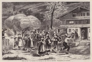 Tradisjonell ringing med kubjeller for å feire innbringelsen av den siste avgrøden i Alpbachtal, Tyrol, Østerrike (gravering) av Unknown artist