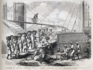 Transport av kull om bord på dampskip i Kingston (Jamaica) - Lasting av kull i Kingston - Jamaica - 1866 Gravering fra "" The Illustrous Universe"" 1866 av Unknown artist