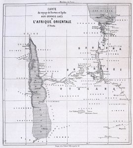 Reisekart over Richard Francis Burton, britisk oppdagelsesreisende (1821-1890) og Speke til de store innsjøene i Øst-Afrika 1857-59 - i Tour du Monde av Unknown artist