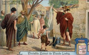 Reisende bokhandler i antikkens Hellas. Kromolitografi, Liebig-bilde. av Unknown artist