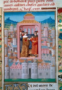 Conflans-traktaten den 5.10.1465 mellom kong Louis XI og Charles de Charolais (senere Charles the Temeraire avsluttet opprøret til adelsmenn eller League of Public Good. Miniatyr fra "Les chronicles de Monstrelet" av Enguerrand de Monstrelet (140 av Unknown artist