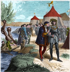 Treaty of Conflans on 5/10/1465 between the King of France Louis XI and Charles de Charolais (later Charles the Temeraire) ending the revolt of nobles or League of Public Good. Engraving in “” Histoire De France En Cent Paintings by Paul Lehugeur “” 1891. av Unknown artist