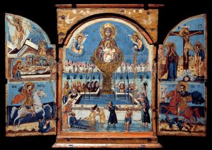 Jomfruens triptyk, kilde til liv Sentralpanel: Jomfruen krysser en mirakuløs vannfontene. Til venstre, oppstandelsen og avsetningen. Under en ridder (Saint George) som slår ned en drage. Til høyre, korsfestelsen og et ridderordspill av Unknown artist