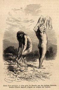 To Siriniris-indianere prøver å kle på bukser og vest, som et medlem av ekspedisjonen hadde lagt til tørk ved bredden av innsjøene ved foten av Mount Basiri (Peru). Engravure pour illustrrer le voyage dans les vallees de Quinquinas (Peru), av Paul Marcoy,  av Unknown artist