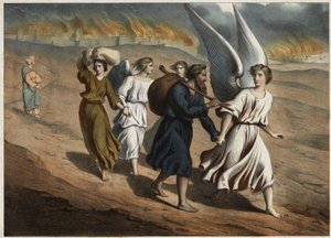 Two angels guide Loth and his daughters who must leave the city of Sodom, which, like that of Gomorra, is destroyed by God. Loth