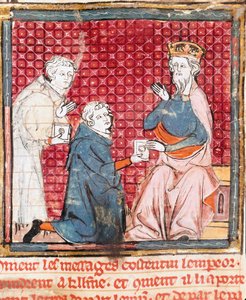 To budbringere kunngjør i Charlemagne (742-814) seieren over miniatyrsaracenerne fra "" Grandes Chronicles de France"" 1375-1379 kommunale bibliotek, Castres av Unknown artist
