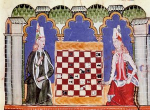 To kvinner som spiller sjakk. Miniatyr fra manuskriptet "" Libro de los juegos"" av Alfonso X the Wise or the Savant (på spansk, Alfonso X el Sabio av Unknown artist