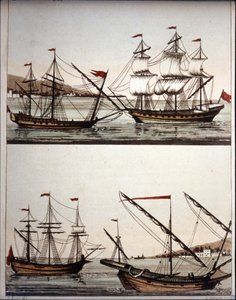 Typiske båter av barbariske pirater, - i "Den eldgamle og moderne drakten" "de Ferrario, Milano av Unknown artist