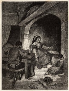 Un foyer d'auberge à Saint Cernin, gravering for å illustrere en reise til vulkanene i det sentrale Frankrike i 1864, i "Le tour du monde, nouveau journal des voyages"" utgitt under ledelse av Edouard Charton av Unknown artist