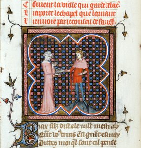 ""En ung mann og en gammel kvinne"" Opplyst side fra manuskriptet ""Le Roman de la Rose"" av Guillaume de Lorris (rundt 1200-1238) og Jean de Meun (Meung) (1240-1305) rundt 1353 Sveits Genève bibliotek av Unknown artist