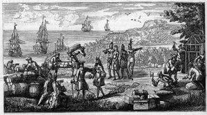 Unbarking of supplies in the French colonies of America. Pen drawing places a head of a memoire of Vauban on “The colonies”” in the manuscript of his “Oisivetes”” preserved at the Depot des Fortifications. Engraving in “” La Nature: revue des sciences et d av Unknown artist
