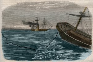 Undervanns telegrafiske linjer: Legging av en undersjøisk kabel (ubåt) Gravering av 1857. av Unknown artist
