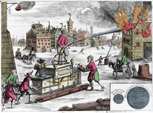Bruk av brannpumpe av brannvesen. Gravering fra "" Theatrum Machinarum novum"" av Georg Andreas Bockler (1644-1698) av Unknown artist