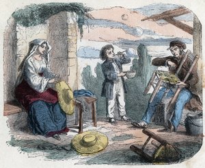 Bruk av halm på 1800-tallet: en mann pynter en stol med halm, en kvinne fletter hatter (kurvtøy), et barn lager såpebobler med et sugerør. Gravering sent på 1800-tallet. av Unknown artist