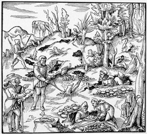 Bruk av den magiske bøtten til å lete etter jordens skatter - i "The Book of Mines"" av Agricola av Unknown artist