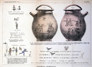 Ulike illustrasjoner og inskripsjoner etterlatt av kriminelle på keramiske vaser: studie av Cesare Lombroso (1835-1909), italiensk kriminolog i "Den kriminelle mannen" (L