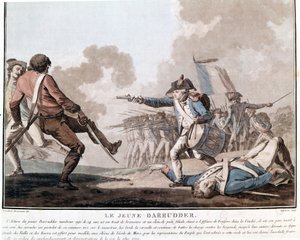 Vendées opprør: den unge Darruder. Dette er et eksempel på patriotisk heltemot siden Darruder var en 14 år gammel gutt som tok våpenet til faren som lå død for å drepe leiemorderen og fortsette kampen. 1793. av Unknown artist