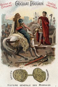 Vercingetorix (72-46 BC), leader of the Gallic rebellion, lays down arms at the feet of Cesar (100-44 BC), after definitively losing the city of Alesia - In General History of Coins - Chocolate-Foal Chromolithography of the late 19th century - Private Coll av Unknown artist
