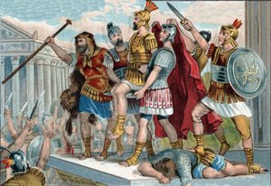Vespasian (in Latin Titus Flavius Vespasianus) (9-79) was proclaimed emperor by his soldiers. Chromolithography around 1890. av Unknown artist