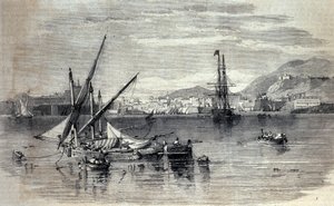 Utsikt over Korfu i Hellas fra øya Vido. Gravering fra begynnelsen av 1800-tallet av Unknown artist