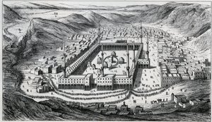 Utsikt over Mekka og dens store moske på tidspunktet for pilegrimenes besøk - gravering fra 1800-tallet av Unknown artist
