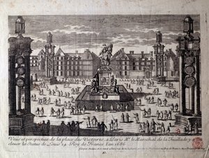 Utsikt over Place des Victoires i Paris med statuen av Ludvig XIV reist av marechal de la Feuillade i 1686. Gravering av Paris fra 1600-tallet, Musee Carnavalet av Unknown artist