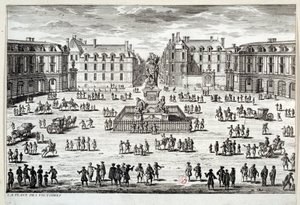 Utsikt over Place des Victoires i Paris med statuen av Ludvig XIV reist av marechal de la Feuillade i 1686. Gravering av Paris fra 1600-tallet, Musee Carnavalet av Unknown artist