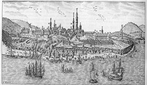 Utsikt over Quebec City i Canada (slutten av 1600-tallet): A. Jardin du fort. B. Fortet. C. Pulverlager. D. Les Recollets. E. Ursulines. F. Jesuitene. G. Katedralen. H. Seminaret. I. Hotel Dieu. L. Generelt sykehus. Mr. L