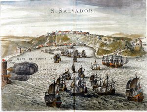 Utsikt over Salvador, tidligere kjent som Bahia, hovedstaden i Brasil i 1549, da den ble grunnlagt - Gravering av 1500-tallet av Unknown artist