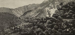 Utsikt over Torano nær Carrara, Italia, i bakgrunnen et marmorbrudd, gravering fra et fotografi av A. Noak fra L#39;Illustrazione Italiana, år XXI, nr. 4, 28. januar av Unknown Artist