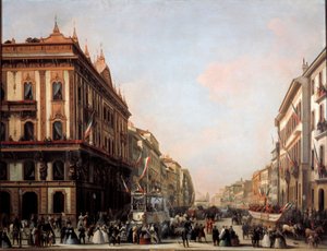 Utsikt over gaten Venezia med karnevalsflåte, Milano (maleri av Unknown artist