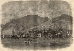 Utsikt over Victoria City i Hong Kong. Gravering i "" The Illustrated London News"" av 14. mars av Unknown artist